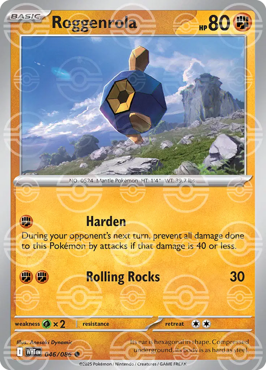 Near Mint 2025 Pokémon Roggenrola (Poke Ball Pattern) – White Flare #046/086 | Basic Rock-Type TCG Card