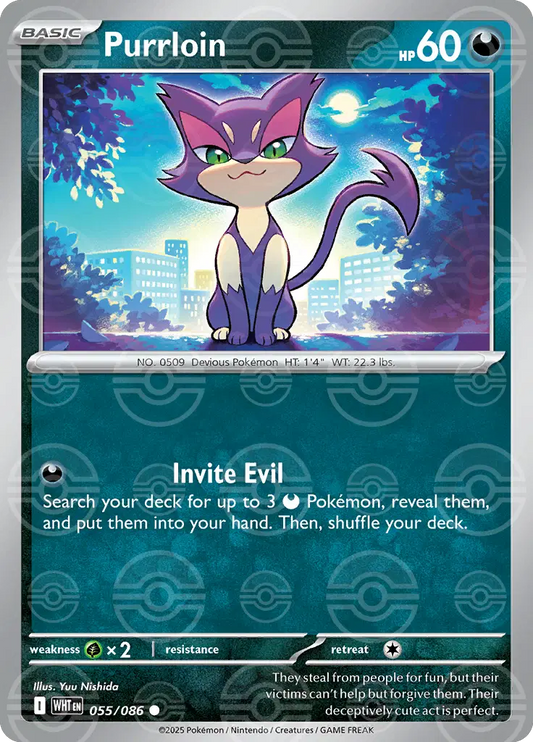 Near Mint 2025 Pokemon Purrloin (Poke Ball Pattern) – White Flare # 055/086