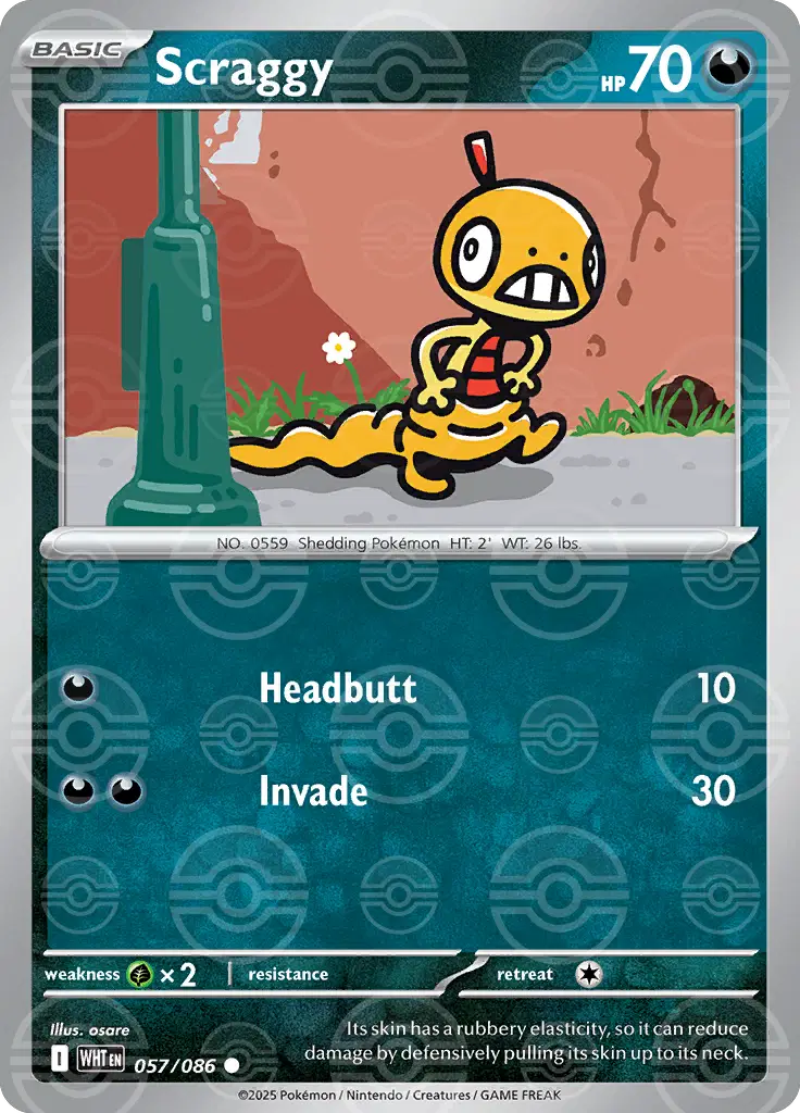 Near Mint 2025 Pokémon Scraggy (Poké Ball Pattern) – White Flare #057/086