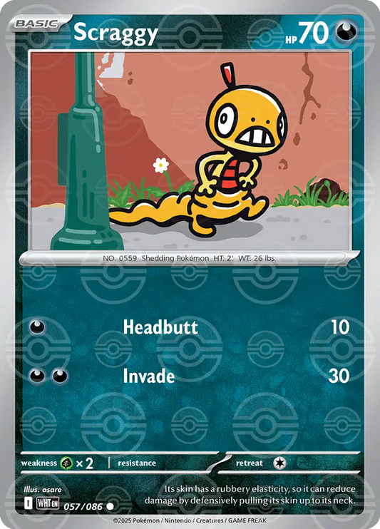 Near Mint 2025 Pokémon Scraggy (Poké Ball Pattern) – White Flare #057/086