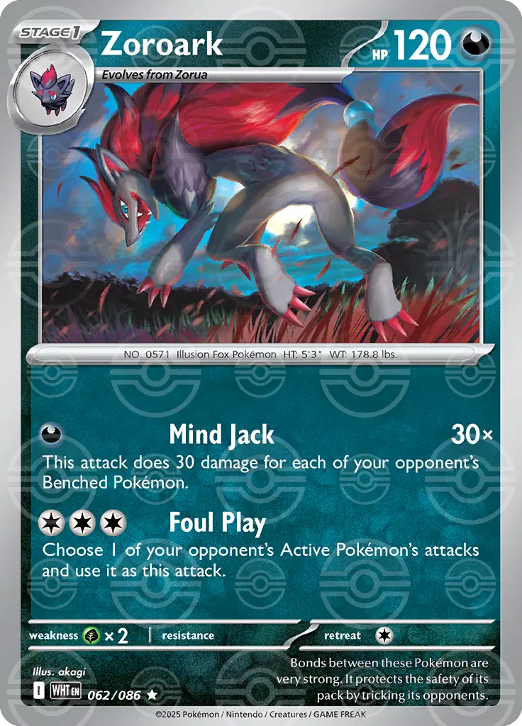 Near Mint 2025 Pokémon Zoroark (Poke Ball Pattern) – White Flare #062/086 | Basic Dark-Type TCG Card
