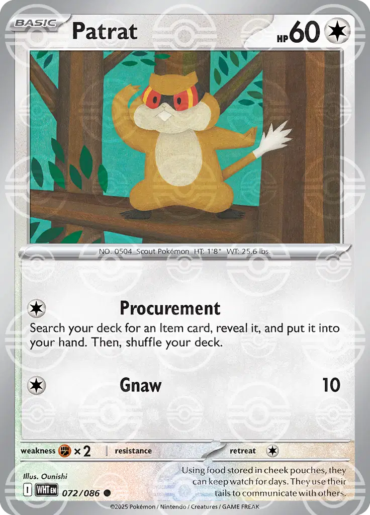 Near Mint 2025 Pokémon Patrat (Poké Ball Pattern) – White Flare #072/086
