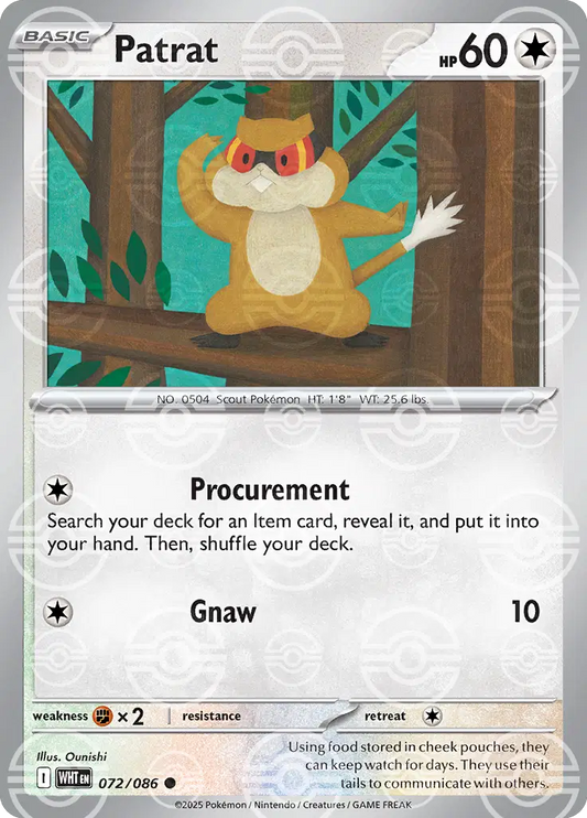 Near Mint 2025 Pokémon Patrat (Poké Ball Pattern) – White Flare #072/086