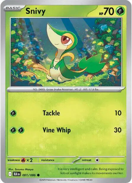 Near Mint 2025 Pokémon Snivy – Black Bolt #001/086 | Basic Grass-Type TCG Card