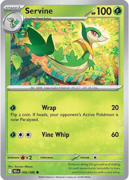 Near Mint 2025 Pokémon Servine Reverse Holo – Black Bolt #002/086 | Stage 1 Grass-Type TCG Card