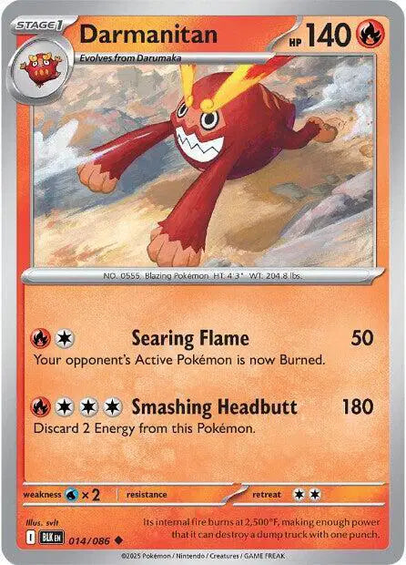 Near Mint 2025 Pokemon Darmanitan Reverse Holo - Black Bolt #014/086