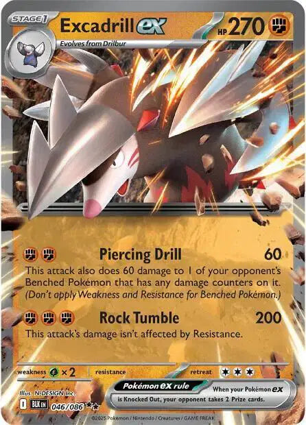 Near Mint 2025 Pokémon Excadrill ex – Black Bolt #046/086 | Basic Ground/Steel-Type TCG Card