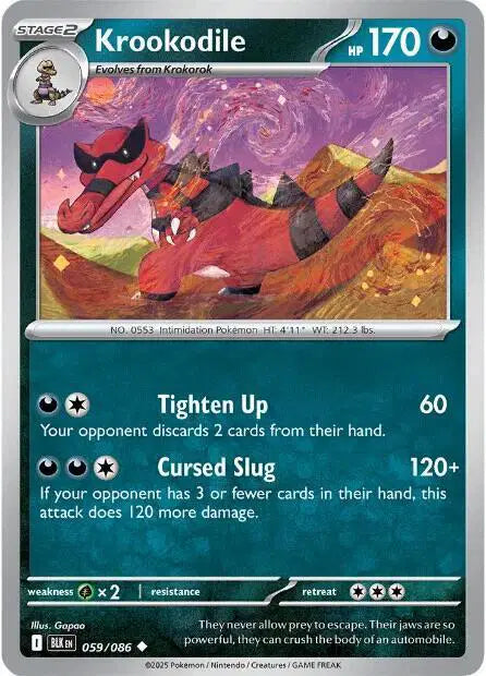 Near Mint 2025 Pokemon Krookodile Reverse Holo - Black Bolt #059/086