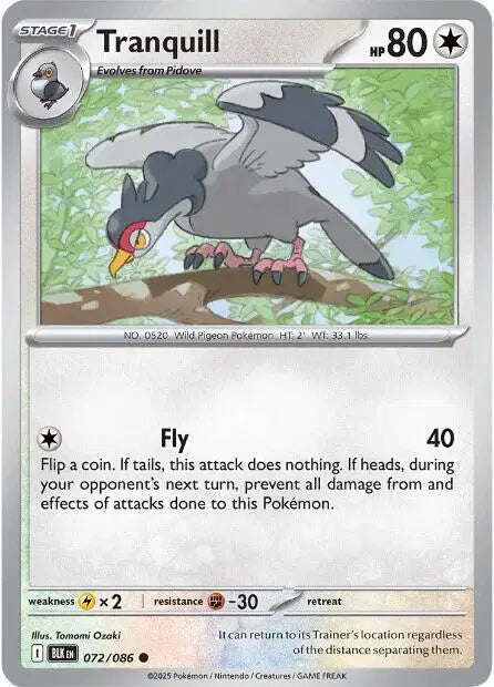 Near Mint 2025 Pokemon Tranquill - Black Bolt #072/086