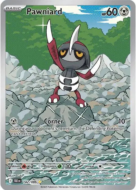 Near Mint 2025 Pokémon Pawniard Illustration Rare – Black Bolt #142/086 | Basic Dark/Steel-Type TCG Card