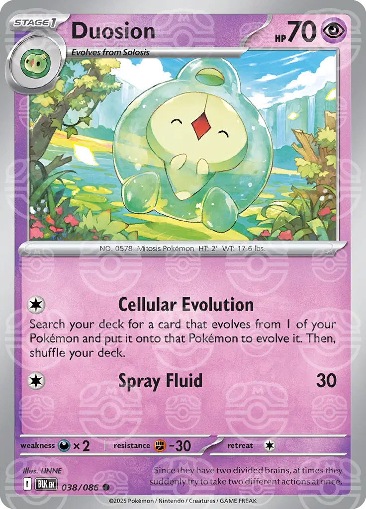 Near Mint 2025 Pokémon Duosion (Master Ball Pattern) – Black Bolt #038/086 | Basic Psychic-Type TCG Card