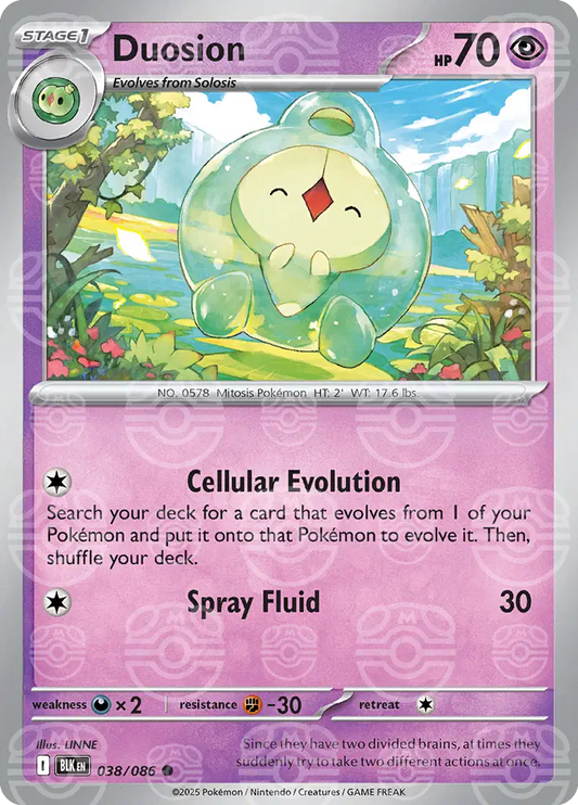 Near Mint 2025 Pokémon Duosion (Master Ball Pattern) – Black Bolt #038/086 | Basic Psychic-Type TCG Card