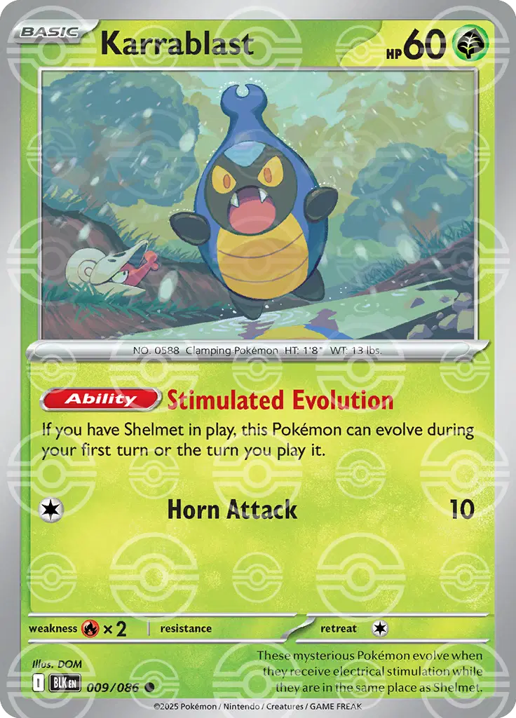Near Mint 2025 Pokémon Karrablast (Poke Ball Pattern) – Black Bolt #009/086 | Basic Bug-Type TCG Card