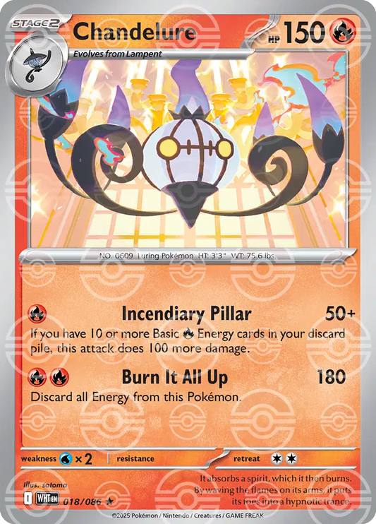Near Mint 2025 Pokemon Chandelure (Poke Ball Pattern) – White Flare #018/086