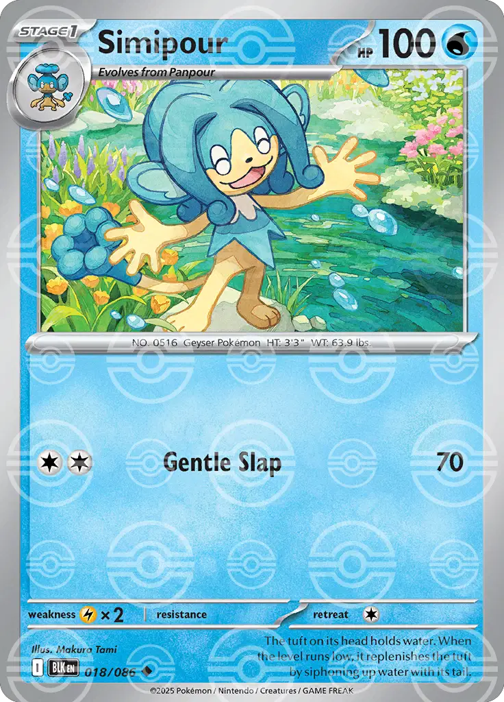 Near Mint 2025 Pokémon Simipour (Poké Ball Pattern) – Black Bolt #018/086