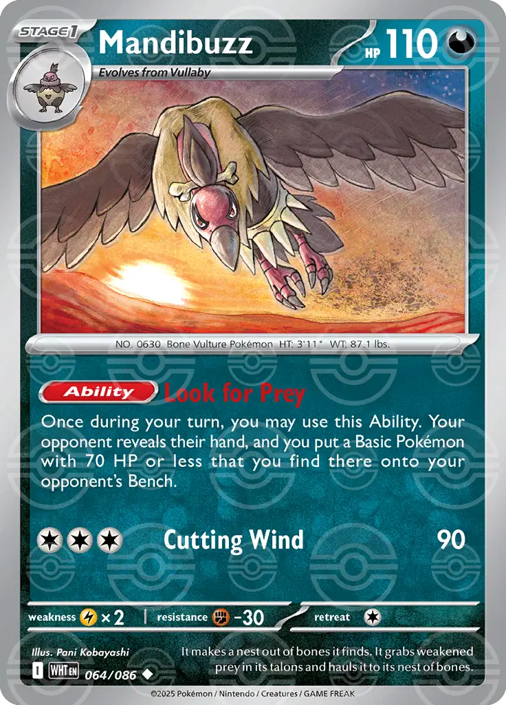 Near Mint 2025 Pokemon Mandibuzz (Poke Ball Pattern) – White Flare #064/086