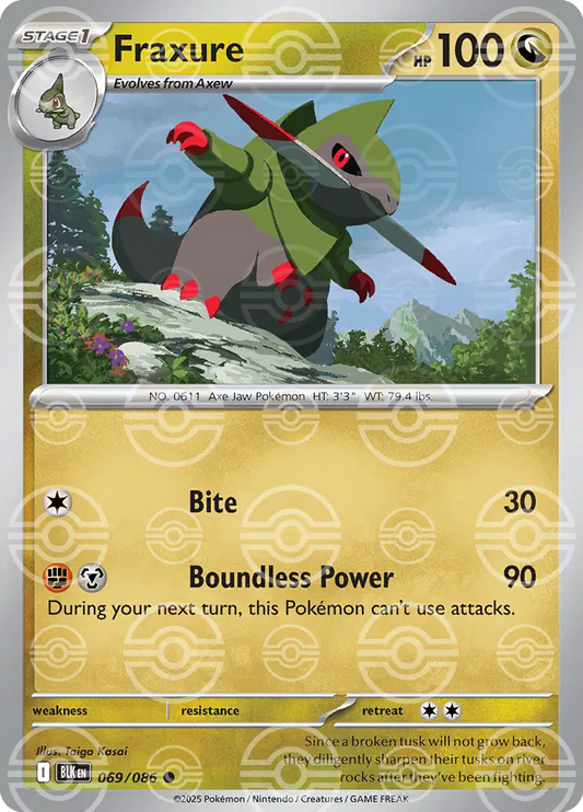 Near Mint 2025 Pokémon Fraxure (Poke Ball Pattern) – Black Bolt #069/086 | Basic Dragon-Type TCG Card
