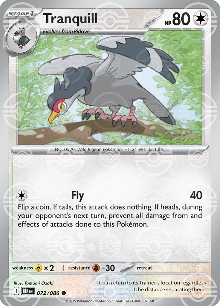 Near Mint 2025 Pokémon Tranquill (Poké Ball Pattern) – Black Bolt #072/086
