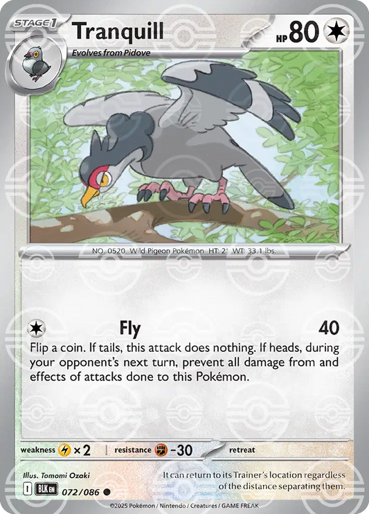 Near Mint 2025 Pokémon Tranquill (Poké Ball Pattern) – Black Bolt #072/086