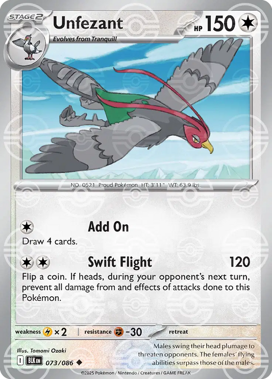 Near Mint 2025 Pokémon Unfezant (Poke Ball Pattern) – Black Bolt #073/086 | Basic Flying-Type TCG Card