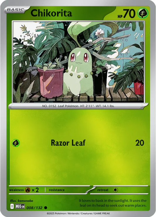 ✨🌱💚 Near Mint 2025 Pokémon Chikorita Reverse Holo – Mega Evolutions #008/132 ✨🌱💚