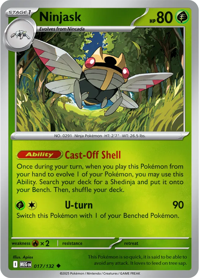 ✨💨⚡ Near Mint 2025 Pokémon Ninjask Reverse Holo – Mega Evolutions #017/132 ✨💨⚡