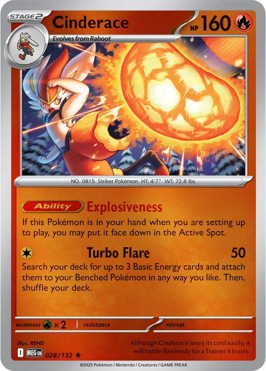 ⚡🔥 Near Mint 2025 Pokémon Cinderace Reverse Holofoil – Mega Evolutions #028/132 ⚡🔥