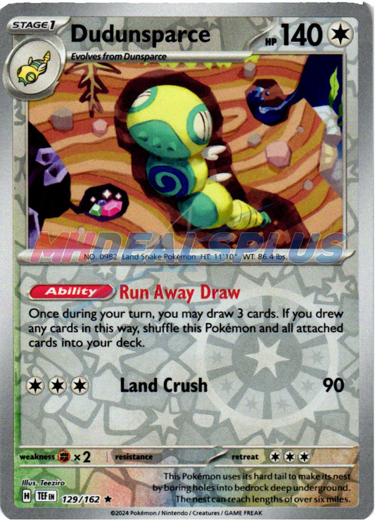 Near Mint 2024 Pokémon Dudunsparce Reverse Holo – Temporal Forces #129/162 | Basic Normal-Type TCG Card