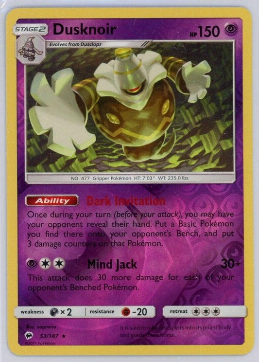 Near Mint 2017 Pokemon Dusknoir Reverse Holo - Sun and Moon Burning Shadows #53/147