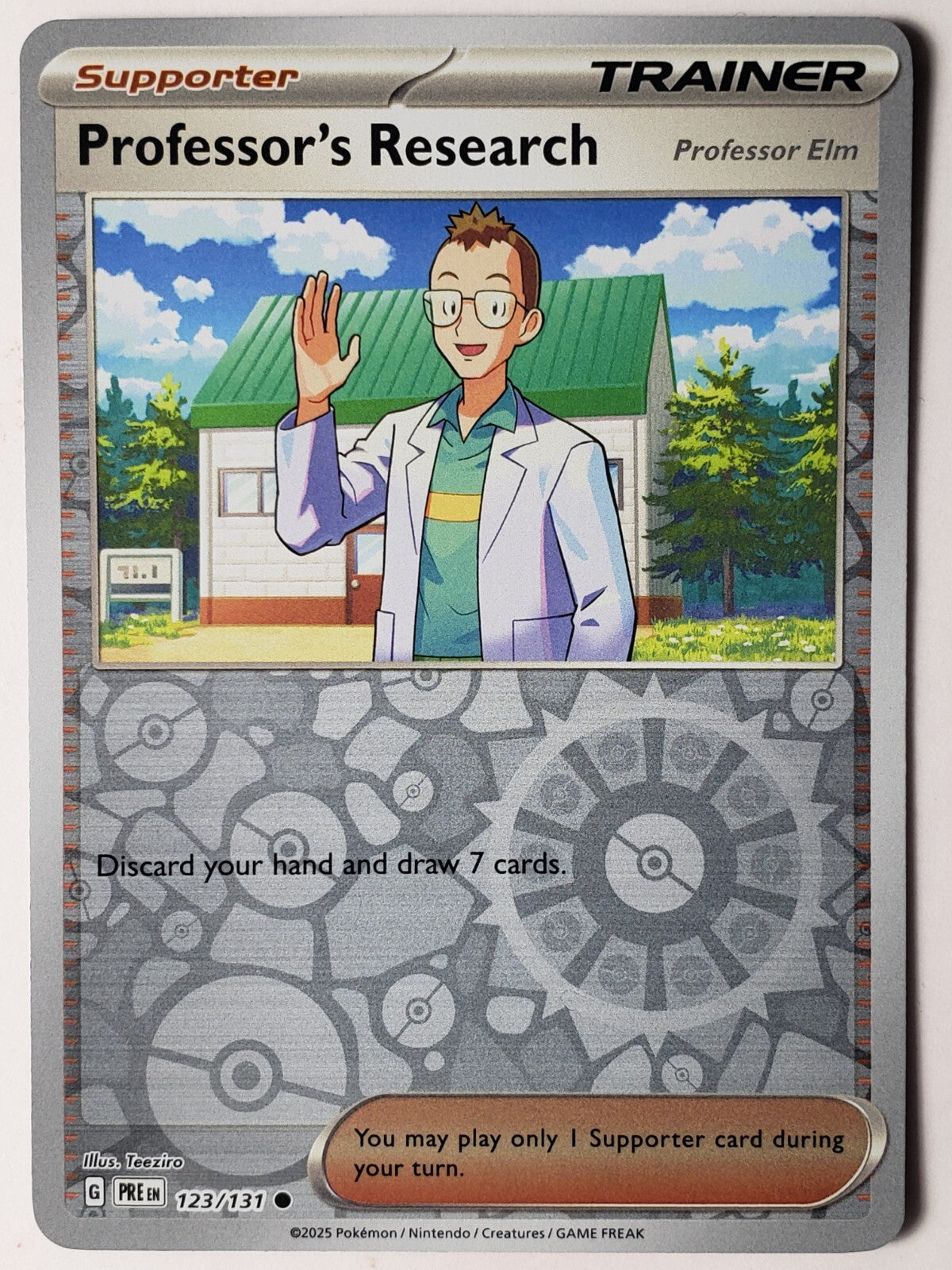 Near Mint 2025 Pokemon Professor's Research [Professor Elm] Reverse Holofoil –  Prismatic Evolutions #123/131